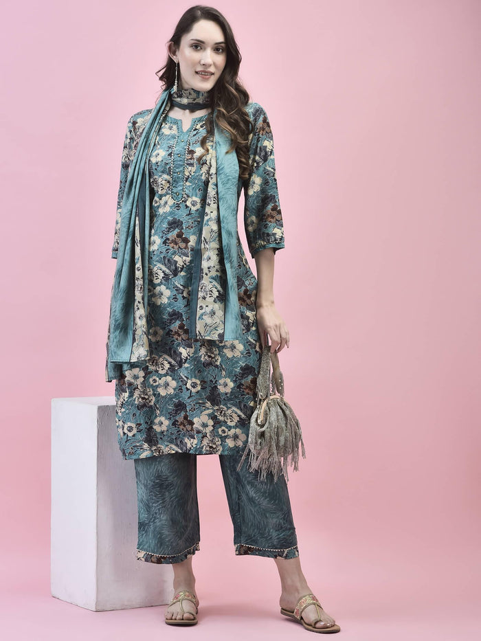 Women Viscose Blue Floral Print Kurta Comfort Pant Dupatta.