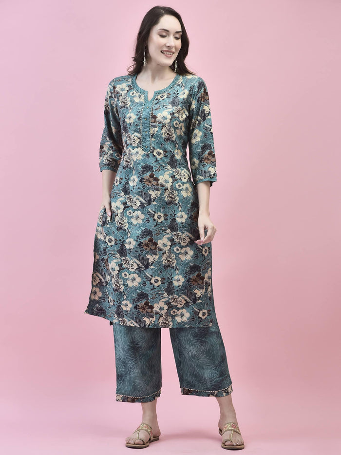 Women Viscose Blue Floral Print Kurta Comfort Pant Dupatta.