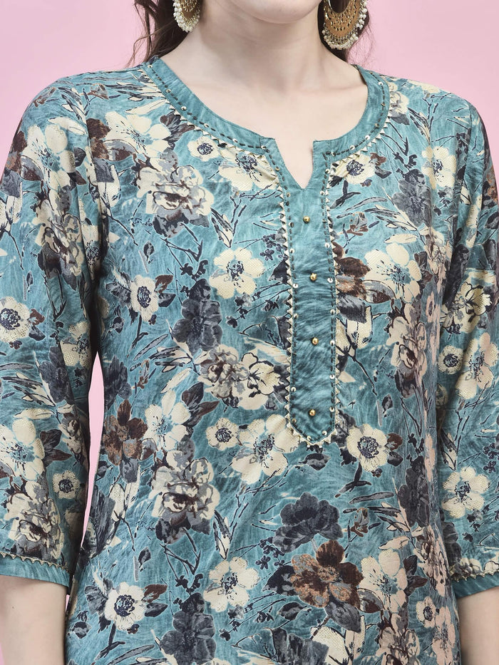 Women Viscose Blue Floral Print Kurta Comfort Pant Dupatta.