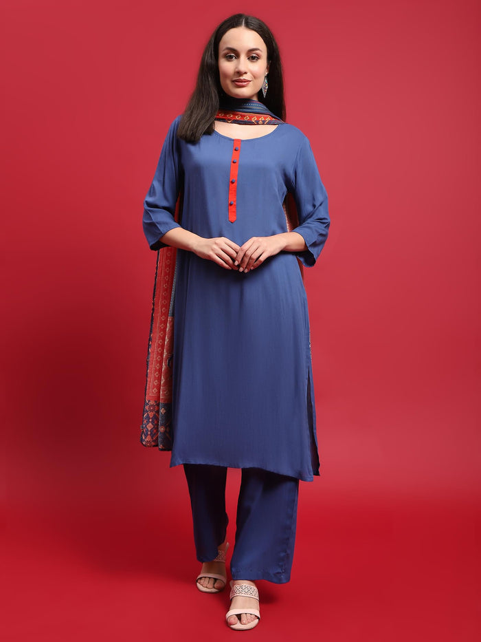 Women Viscose Blue Solid Kurta Comfort Pant Dupatta.