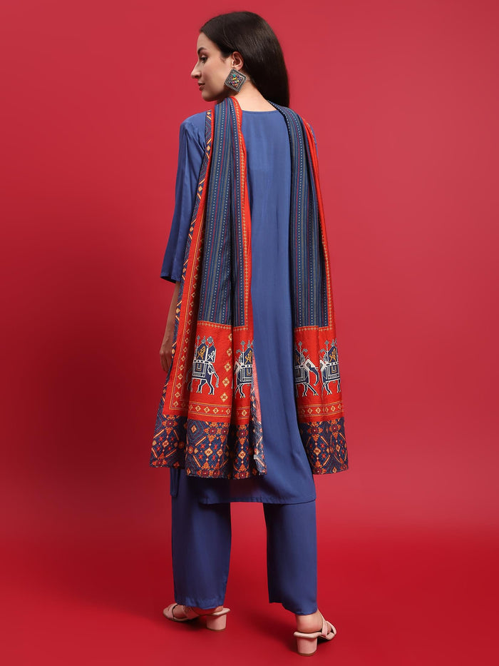 Women Viscose Blue Solid Kurta Comfort Pant Dupatta.