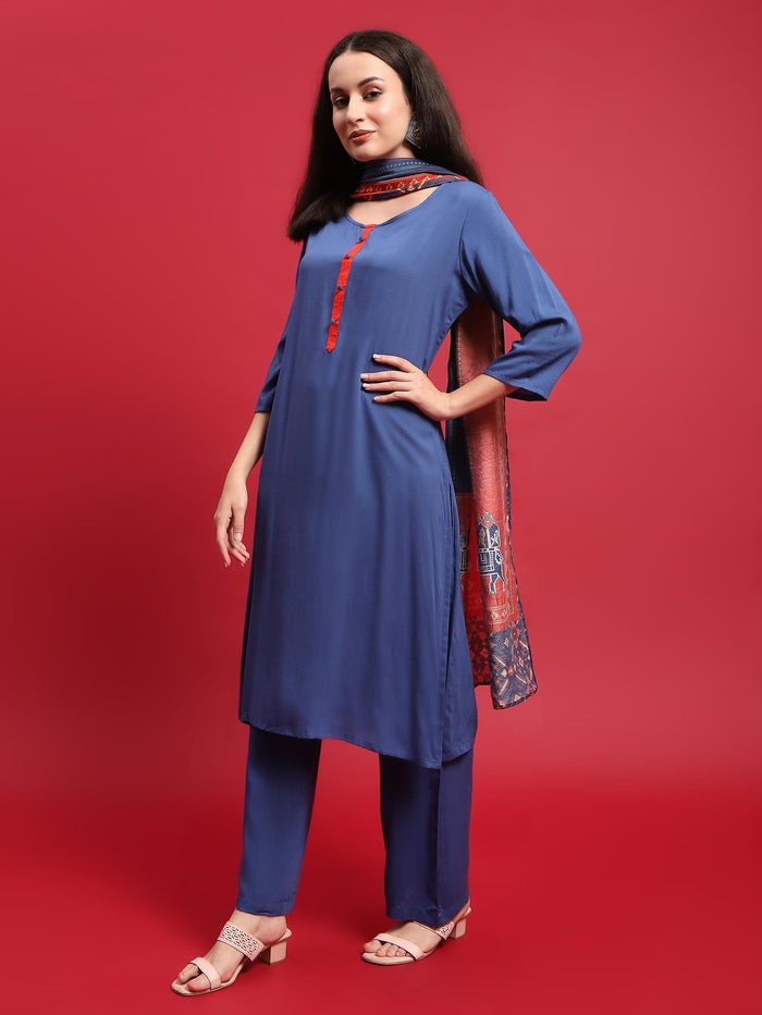 Women Viscose Blue Solid Kurta Comfort Pant Dupatta.