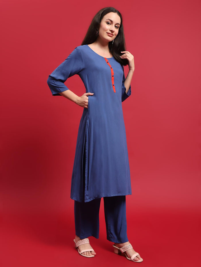 Women Viscose Blue Solid Kurta Comfort Pant Dupatta.