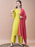 Women Viscose Green Embroidered Kurta Comfort Pant Dupatta.