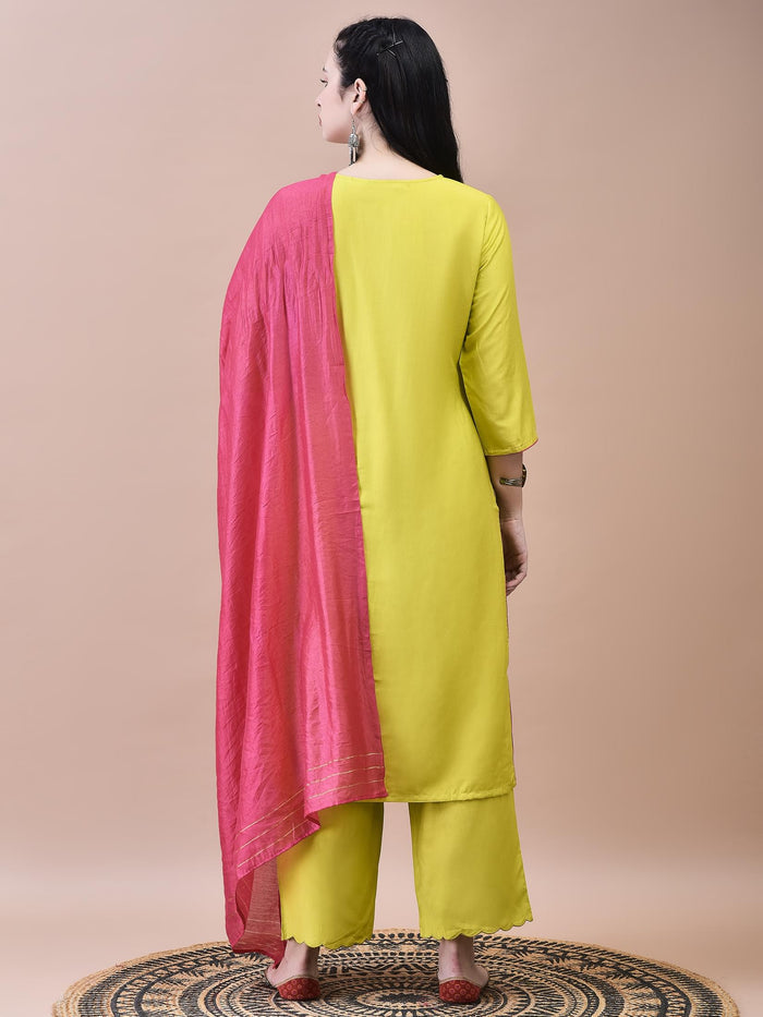 Women Viscose Green Embroidered Kurta Comfort Pant Dupatta.
