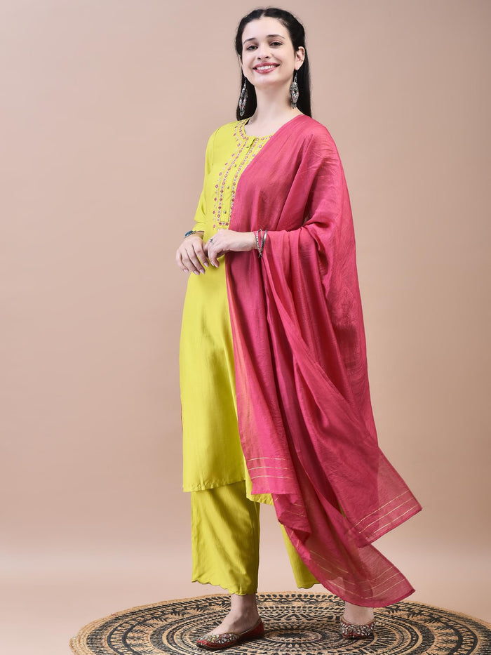 Women Viscose Green Embroidered Kurta Comfort Pant Dupatta.