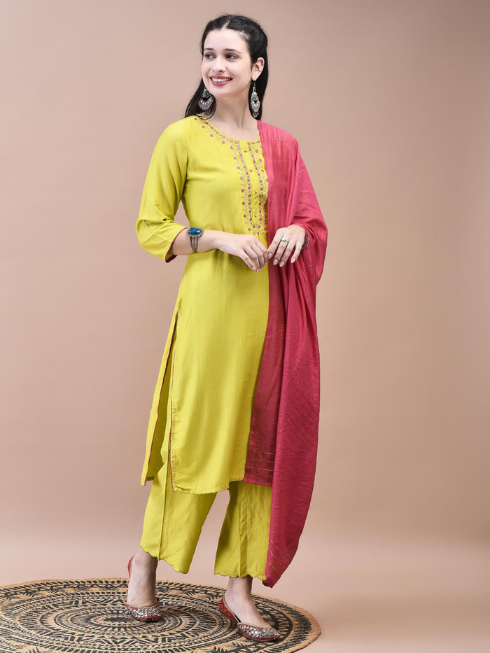 Women Viscose Green Embroidered Kurta Comfort Pant Dupatta.