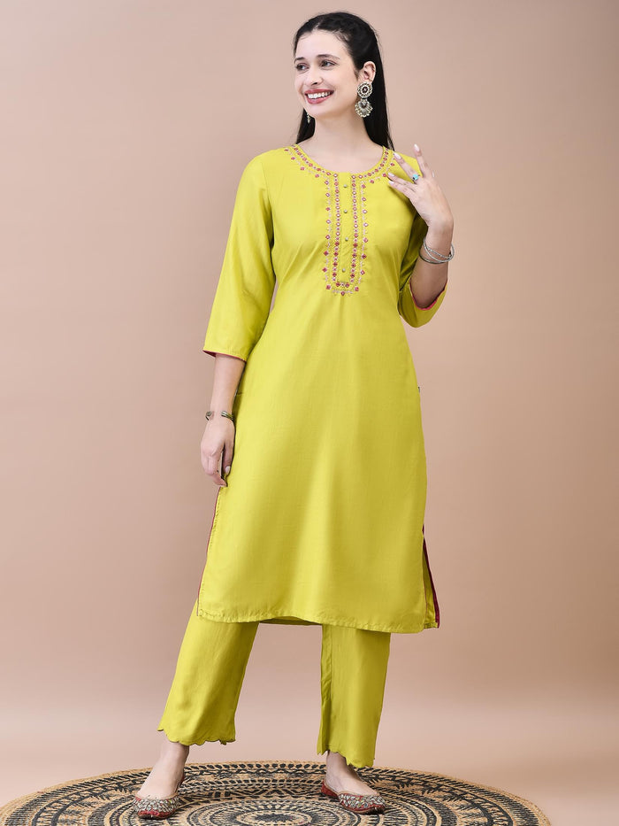 Women Viscose Green Embroidered Kurta Comfort Pant Dupatta.