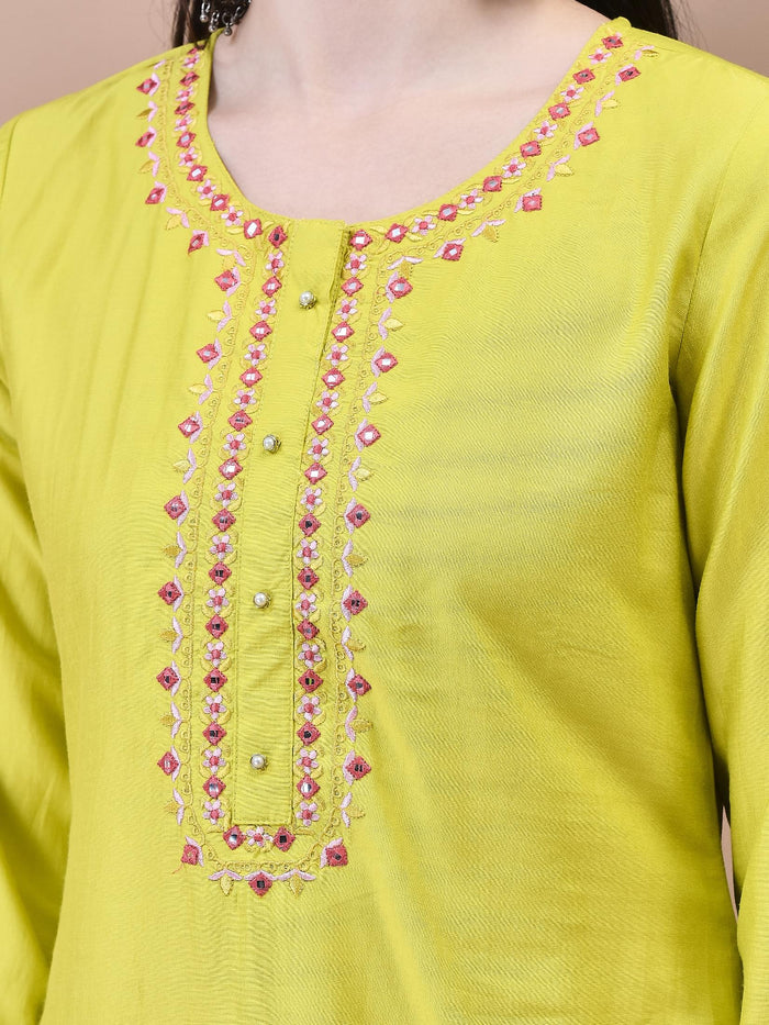 Women Viscose Green Embroidered Kurta Comfort Pant Dupatta.
