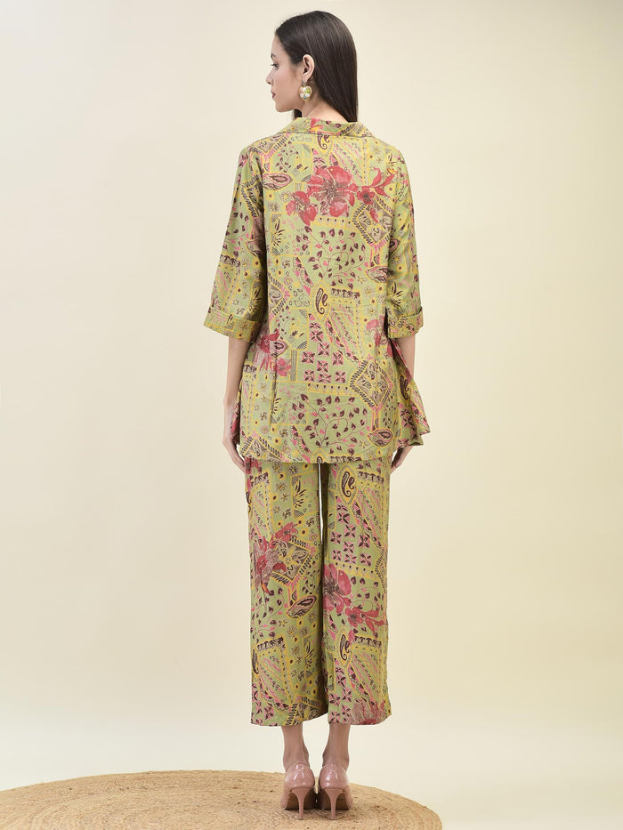 Women Viscose Green Floral Print Co-Ord Set.