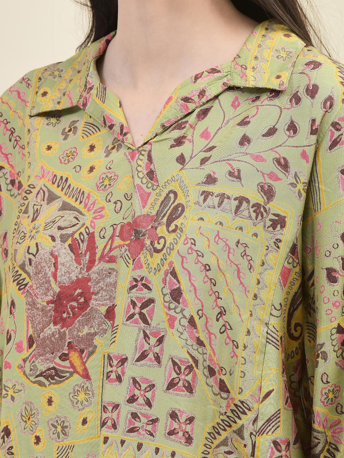 Women Viscose Green Floral Print Co-Ord Set.