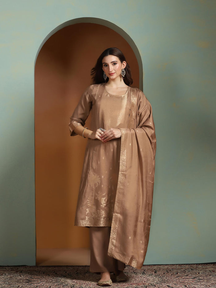 Women Viscose Jacquard Brown Kurta Comfort Pant Dupatta.