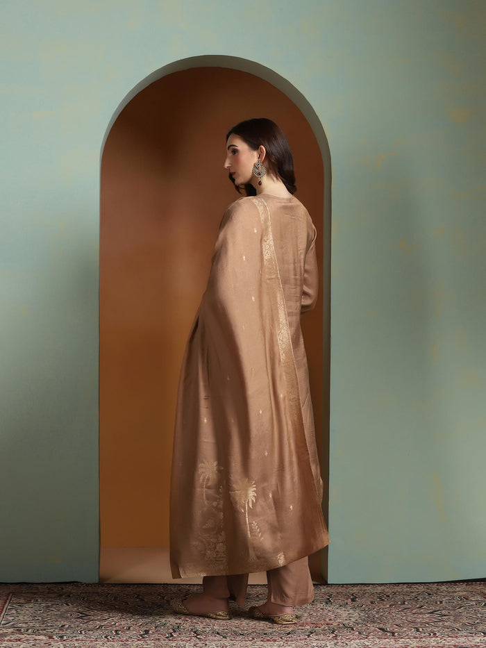 Women Viscose Jacquard Brown Kurta Comfort Pant Dupatta.