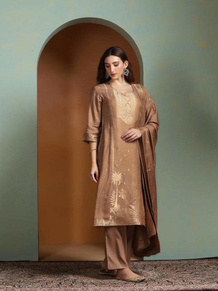 Women Viscose Jacquard Brown Kurta Comfort Pant Dupatta.