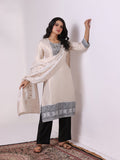 Women Viscose Jacquard Off White and Black Woven Kurta Comfort Pant Dupatta