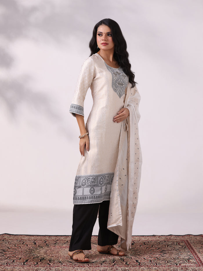 Women Viscose Jacquard Off White and Black Woven Kurta Comfort Pant Dupatta