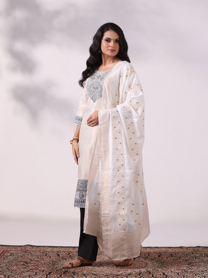 Women Viscose Jacquard Off White and Black Woven Kurta Comfort Pant Dupatta