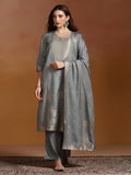 Women Viscose Jacquard Steel Blue Kurta Comfort Pant Dupatta.
