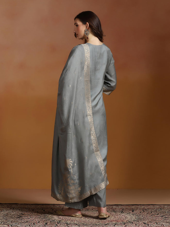 Women Viscose Jacquard Steel Blue Kurta Comfort Pant Dupatta.