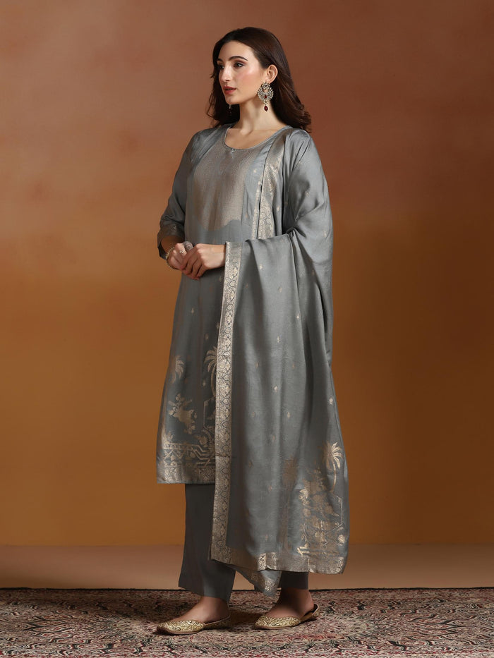 Women Viscose Jacquard Steel Blue Kurta Comfort Pant Dupatta.