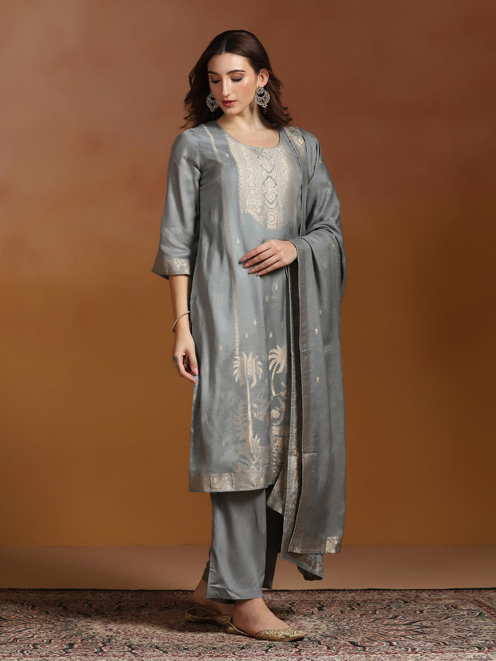 Women Viscose Jacquard Steel Blue Kurta Comfort Pant Dupatta.
