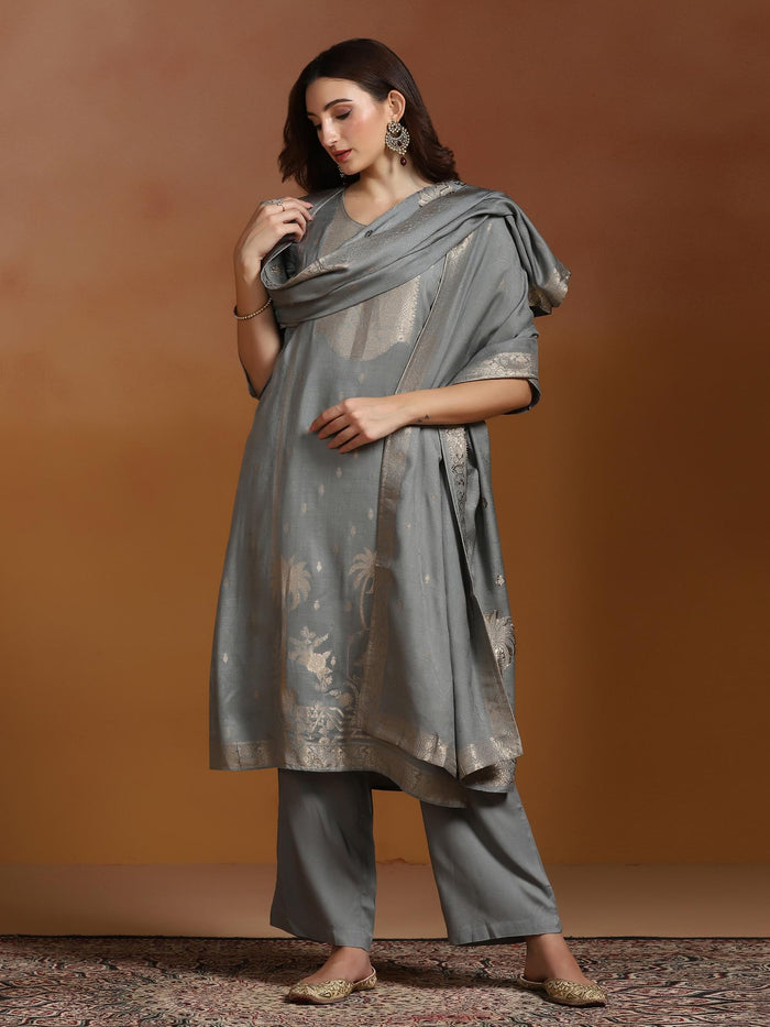 Women Viscose Jacquard Steel Blue Kurta Comfort Pant Dupatta.
