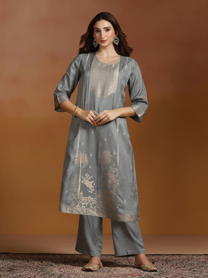 Women Viscose Jacquard Steel Blue Kurta Comfort Pant Dupatta.