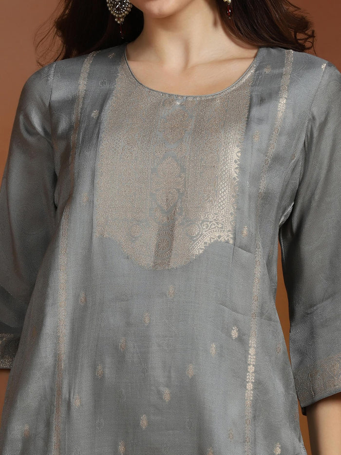 Women Viscose Jacquard Steel Blue Kurta Comfort Pant Dupatta.