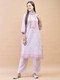 Women Viscose Lilac Geometric Print Kurta Comfort Pant Dupatta.