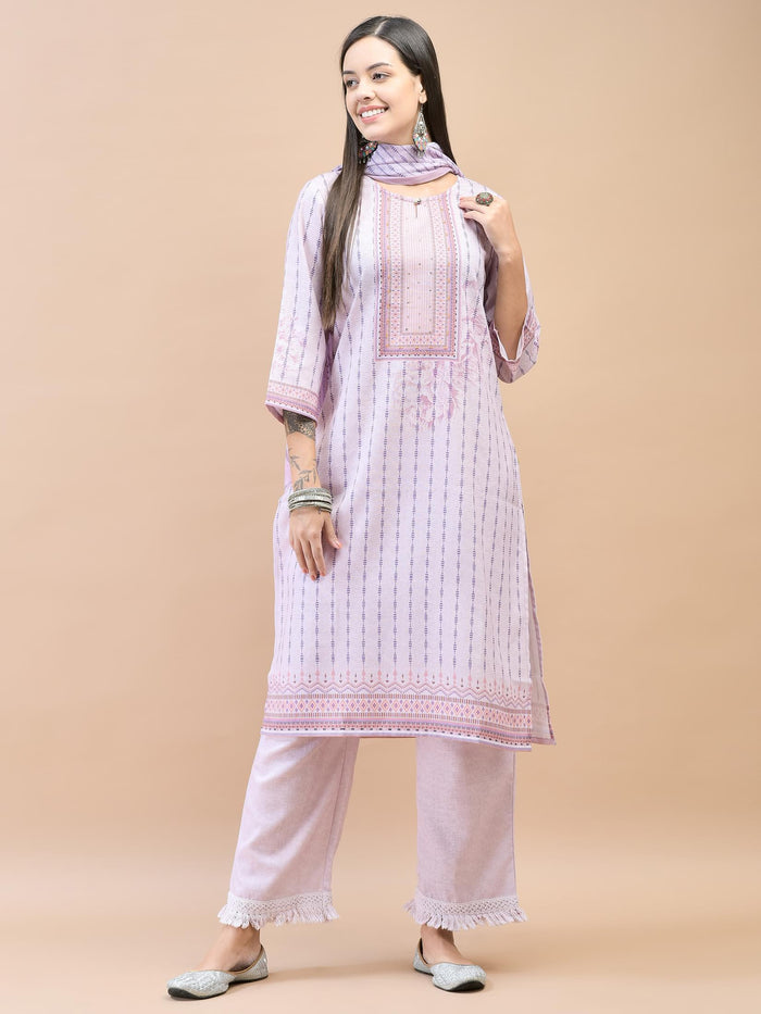 Women Viscose Lilac Geometric Print Kurta Comfort Pant Dupatta.