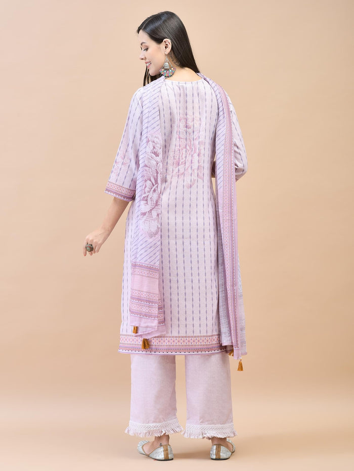 Women Viscose Lilac Geometric Print Kurta Comfort Pant Dupatta.