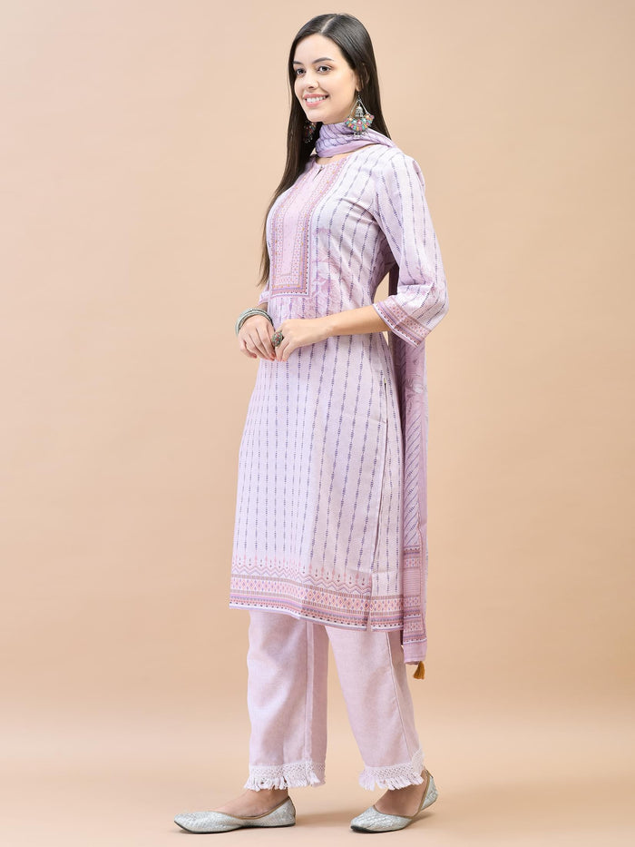 Women Viscose Lilac Geometric Print Kurta Comfort Pant Dupatta.