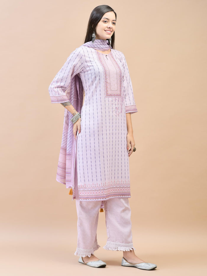 Women Viscose Lilac Geometric Print Kurta Comfort Pant Dupatta.