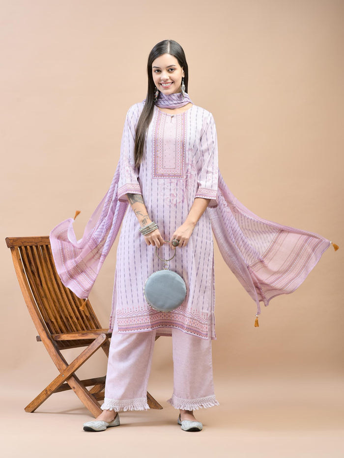 Women Viscose Lilac Geometric Print Kurta Comfort Pant Dupatta.