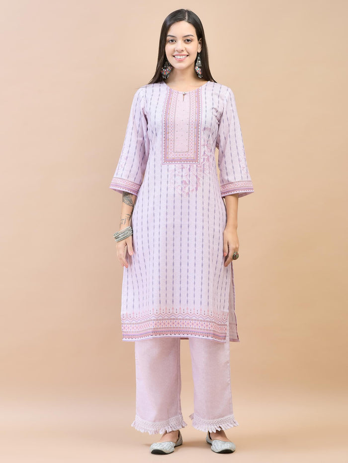 Women Viscose Lilac Geometric Print Kurta Comfort Pant Dupatta.