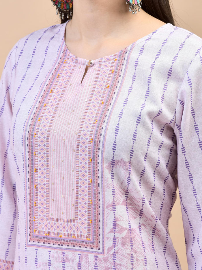 Women Viscose Lilac Geometric Print Kurta Comfort Pant Dupatta.