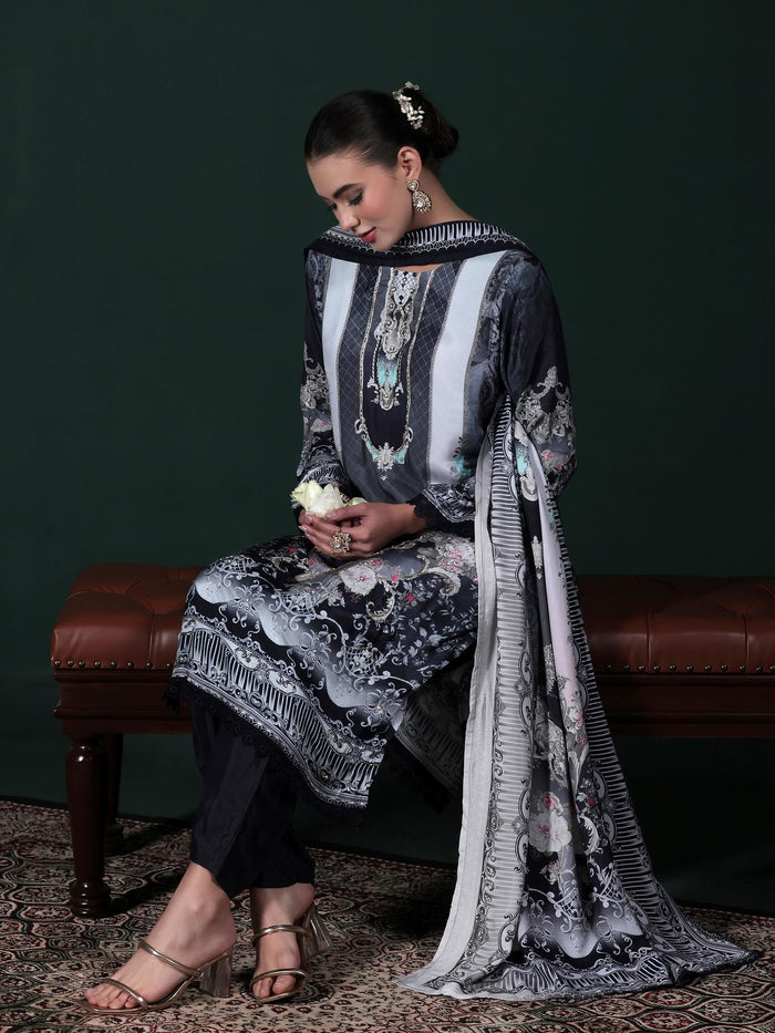 Women Viscose Muslin Blue Printed Kurta Comfort Pant Dupatta.