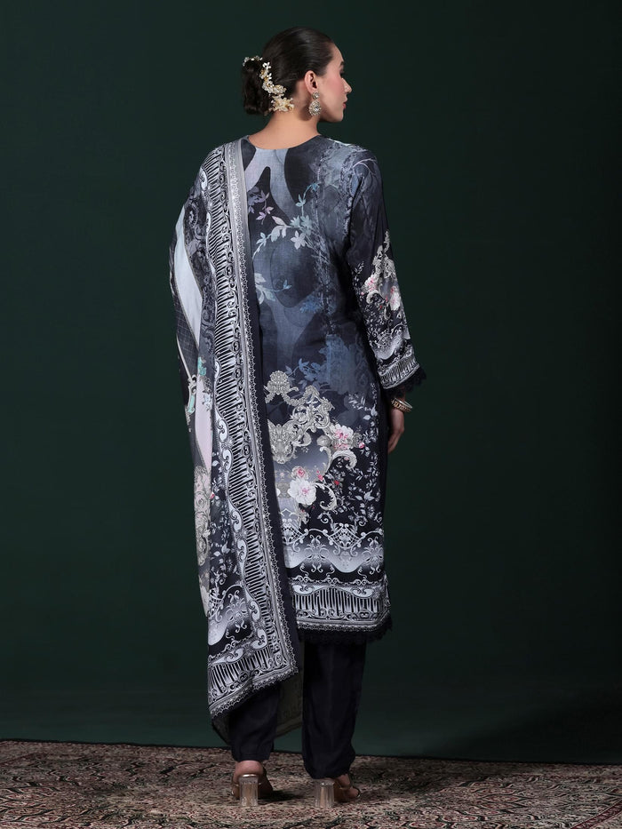 Women Viscose Muslin Blue Printed Kurta Comfort Pant Dupatta.