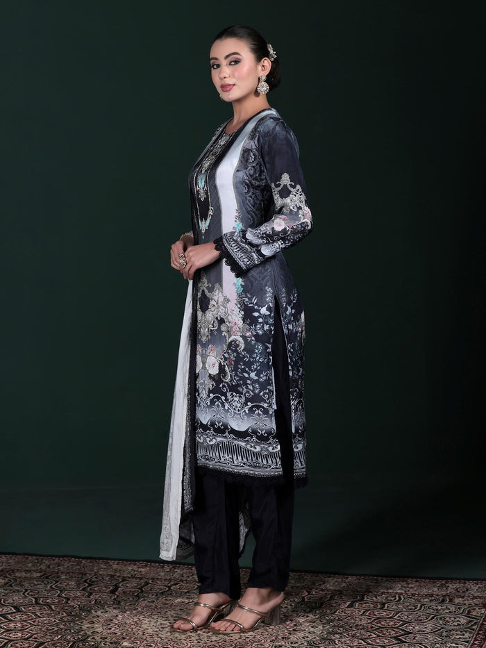 Women Viscose Muslin Blue Printed Kurta Comfort Pant Dupatta.