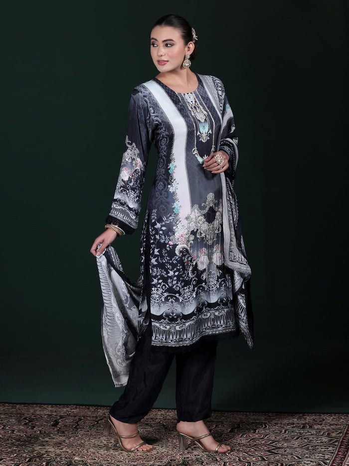 Women Viscose Muslin Blue Printed Kurta Comfort Pant Dupatta.