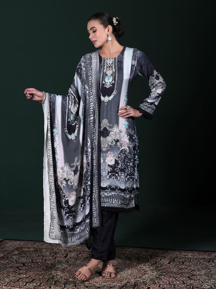 Women Viscose Muslin Blue Printed Kurta Comfort Pant Dupatta.