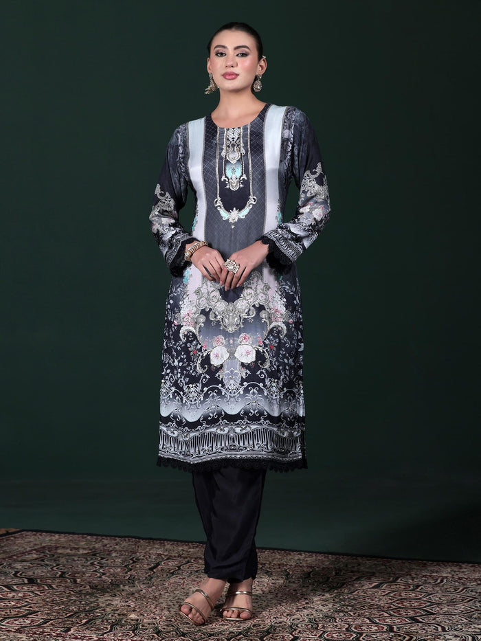 Women Viscose Muslin Blue Printed Kurta Comfort Pant Dupatta.