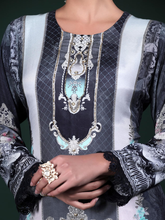 Women Viscose Muslin Blue Printed Kurta Comfort Pant Dupatta.