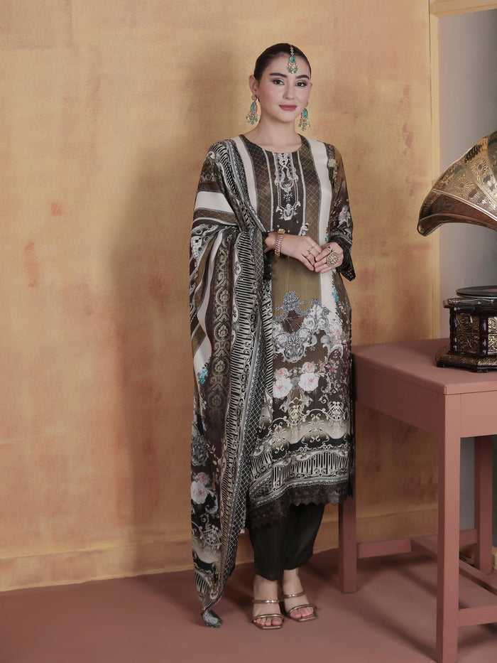 Women Viscose Muslin Olive Printed Kurta Comfort Pant Dupatta.