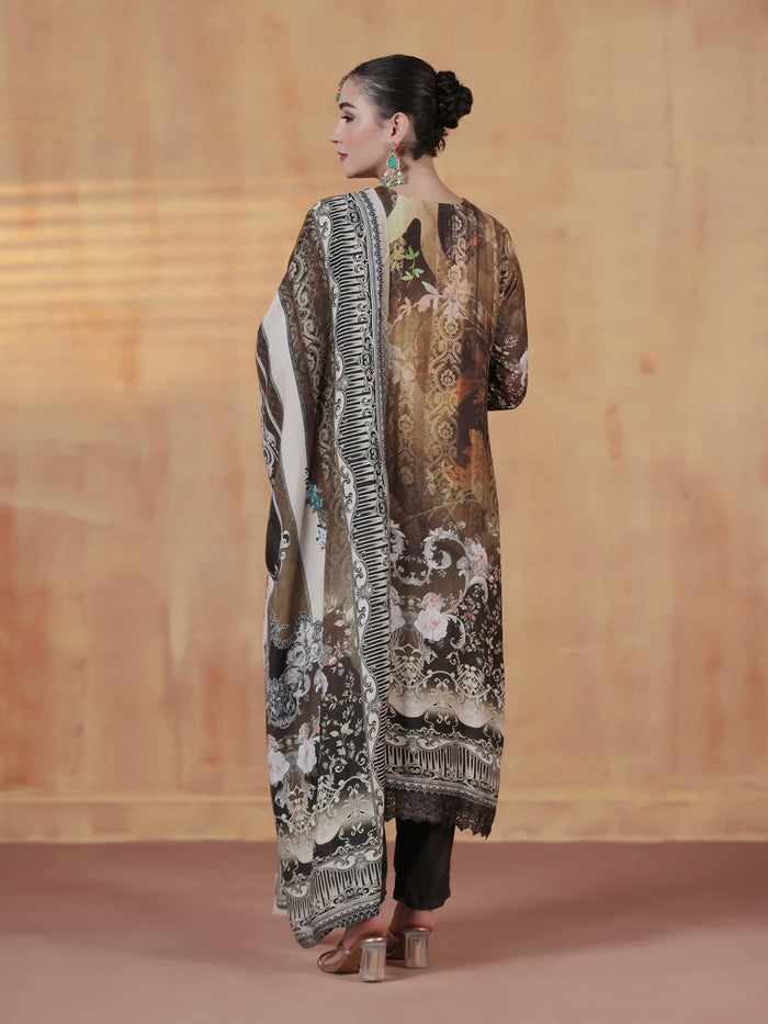 Women Viscose Muslin Olive Printed Kurta Comfort Pant Dupatta.