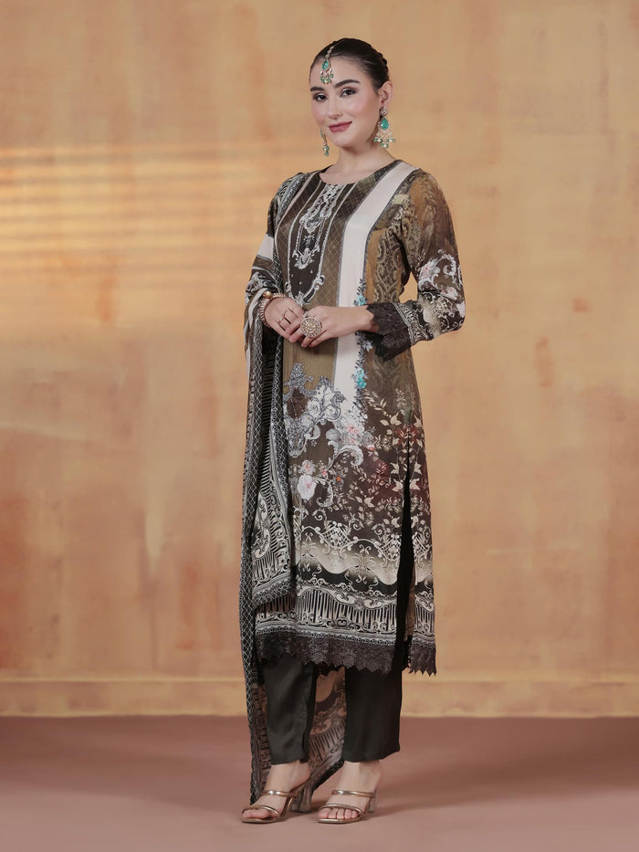 Women Viscose Muslin Olive Printed Kurta Comfort Pant Dupatta.