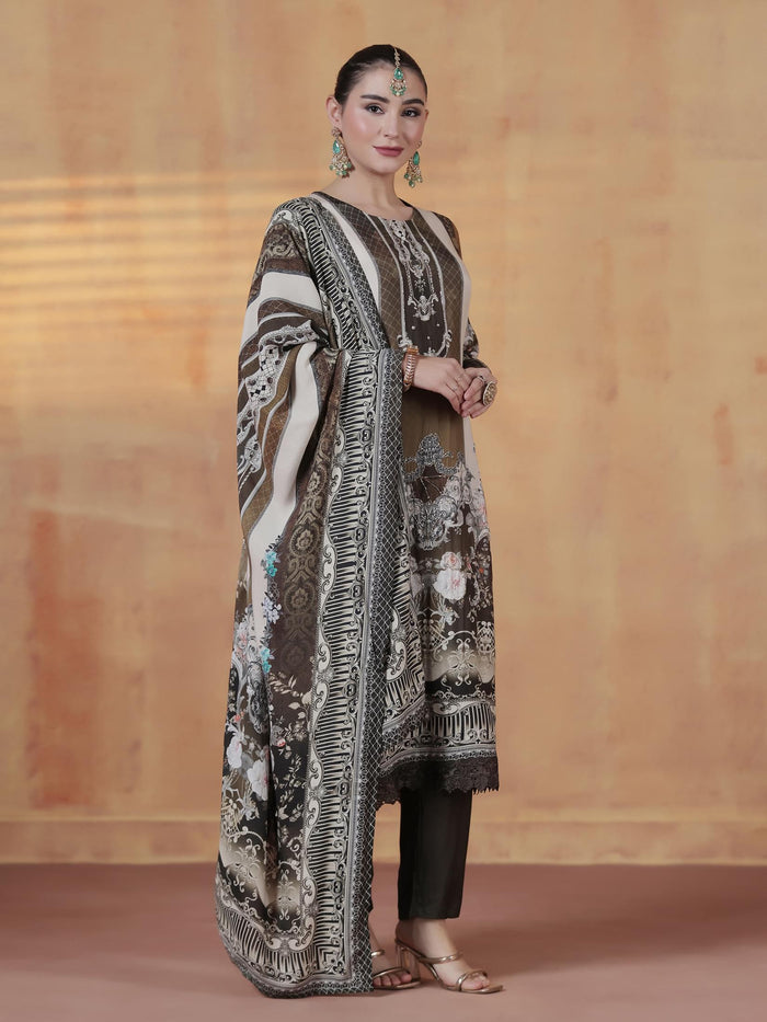Women Viscose Muslin Olive Printed Kurta Comfort Pant Dupatta.