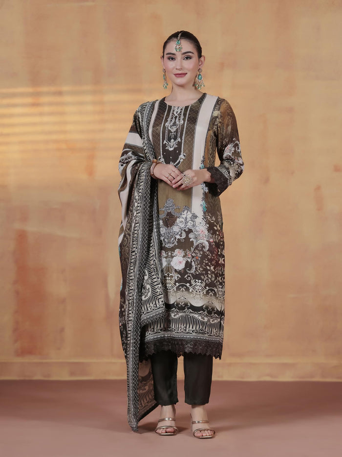 Women Viscose Muslin Olive Printed Kurta Comfort Pant Dupatta.