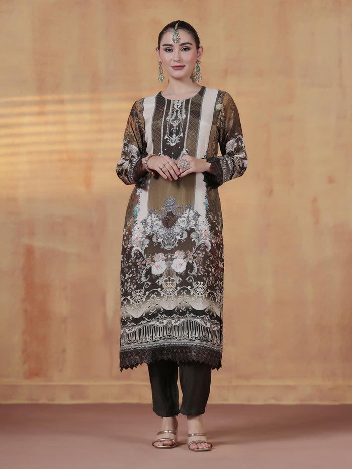 Women Viscose Muslin Olive Printed Kurta Comfort Pant Dupatta.