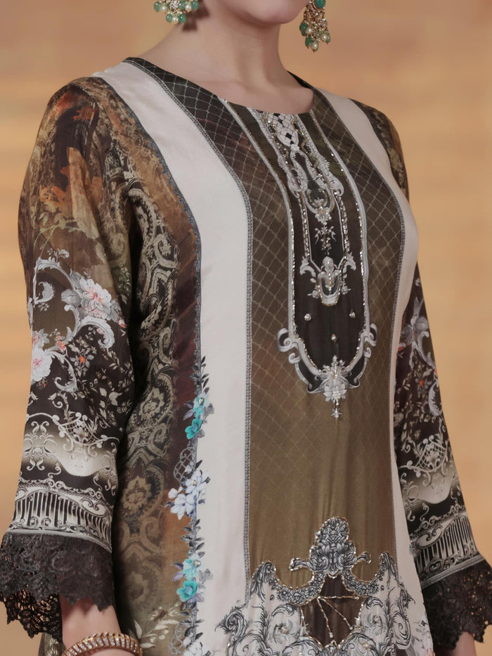 Women Viscose Muslin Olive Printed Kurta Comfort Pant Dupatta.